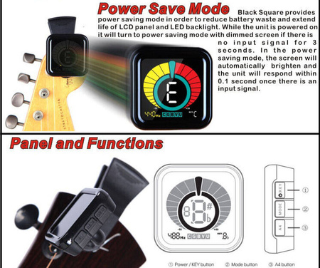 A collage showing a small square electronic device with a colorful circular display, mounted on a black clip or strap, with guitar headstock parts in the background. Text sections read 'Power Save Mode' and 'Panel and Functions,' with inset diagrams of the device and controls.