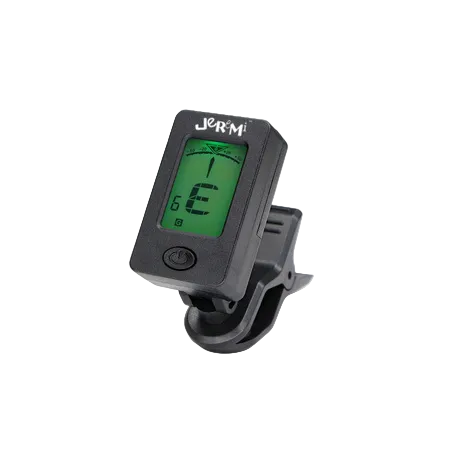 A JERMI digital clip-on tuner with a black plastic body and a green LCD screen displaying musical notes, shown on a plain white background.