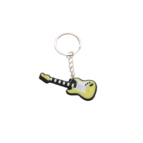 Guitar-shaped keychain on a red and white checkered board with a wooden border