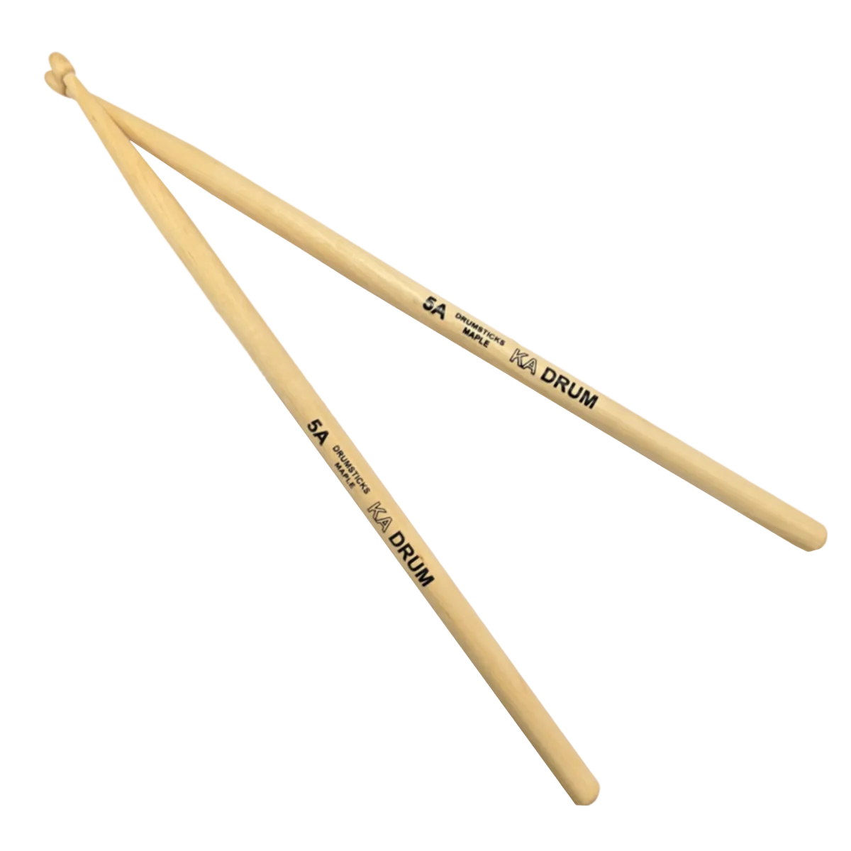 Two wooden drumsticks with '5A' and 'KA DRUM' branding on a white background