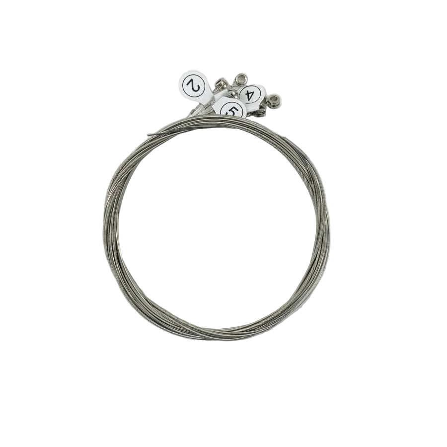 Set of guitar strings with tuners on a light gray background