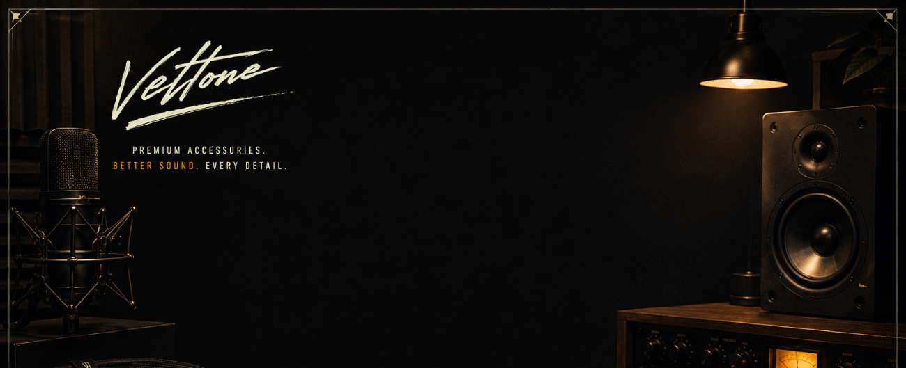 Music studio equipment including cables and a guitar strap on a dark surface with 'Veltone' branding.
