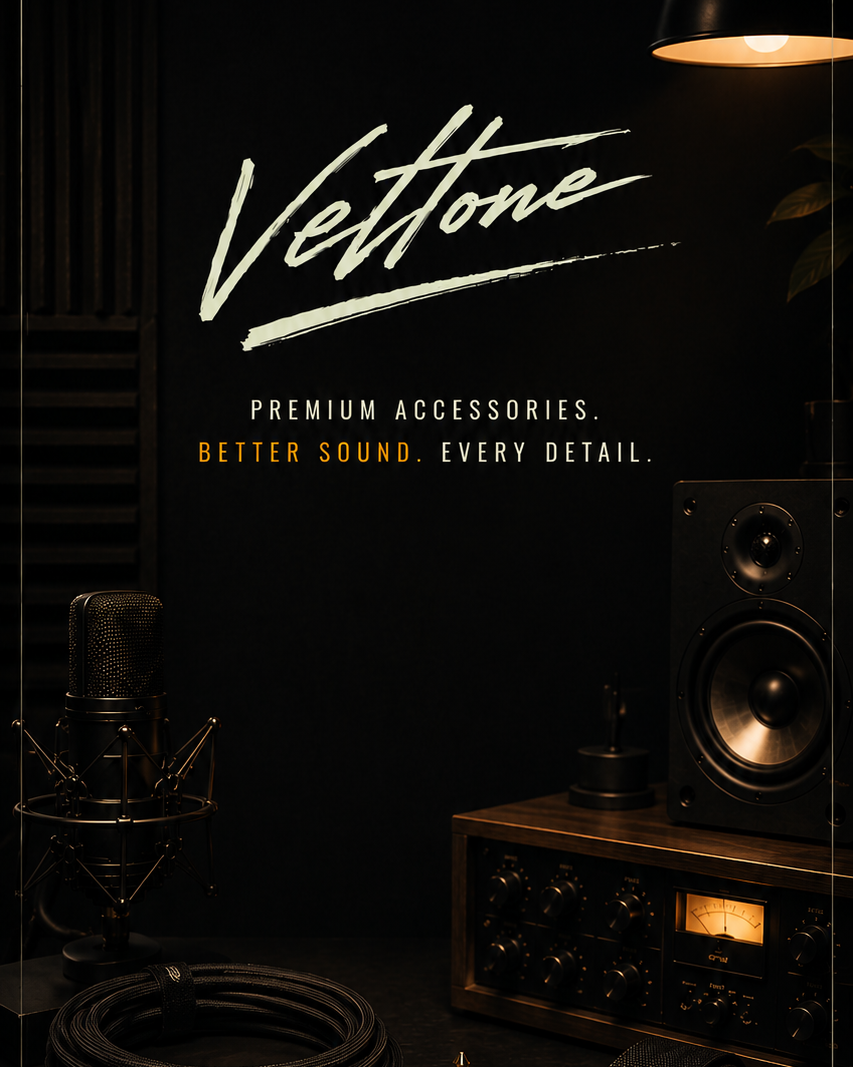 Veltone premium accessories with audio equipment on a dark background