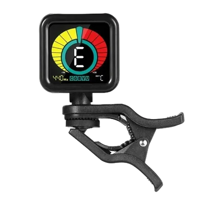 A digital guitar tone clip-on amp meter with a black plastic body and a colorful display screen showing an 'E' frequency indicator, mounted on a black spring-loaded clamp, isolated on a white background.
