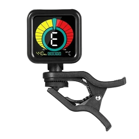A digital guitar tone clip-on amp meter with a black plastic body and a colorful display screen showing an 'E' frequency indicator, mounted on a black spring-loaded clamp, isolated on a white background.