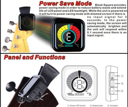 A collage showing a small square electronic device with a colorful circular display, mounted on a black clip or strap, with guitar headstock parts in the background. Text sections read 'Power Save Mode' and 'Panel and Functions,' with inset diagrams of the device and controls.