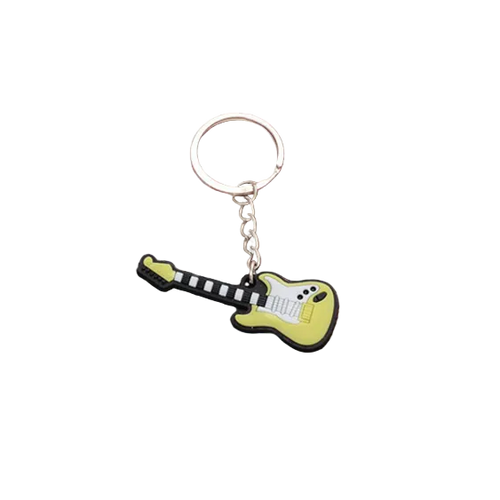 Guitar-shaped keychain on a red and white checkered board with a wooden border