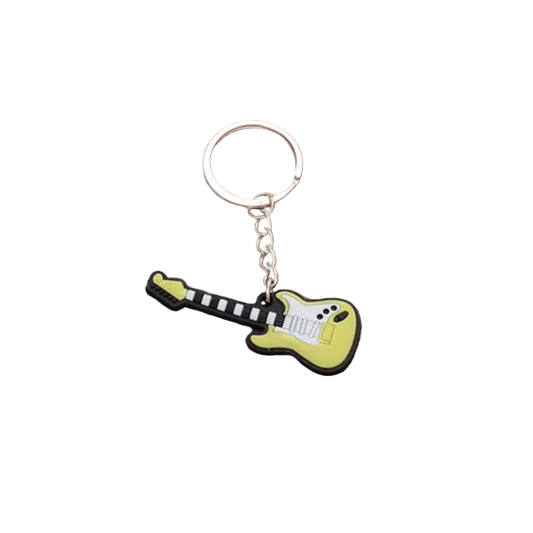 Guitar-shaped keychain on a red and white checkered board with a wooden border