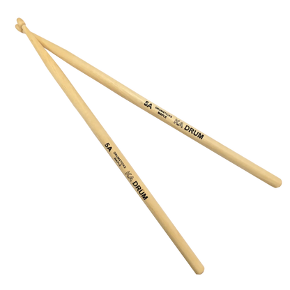 Two wooden drumsticks with '5A' and 'KA DRUM' branding on a white background