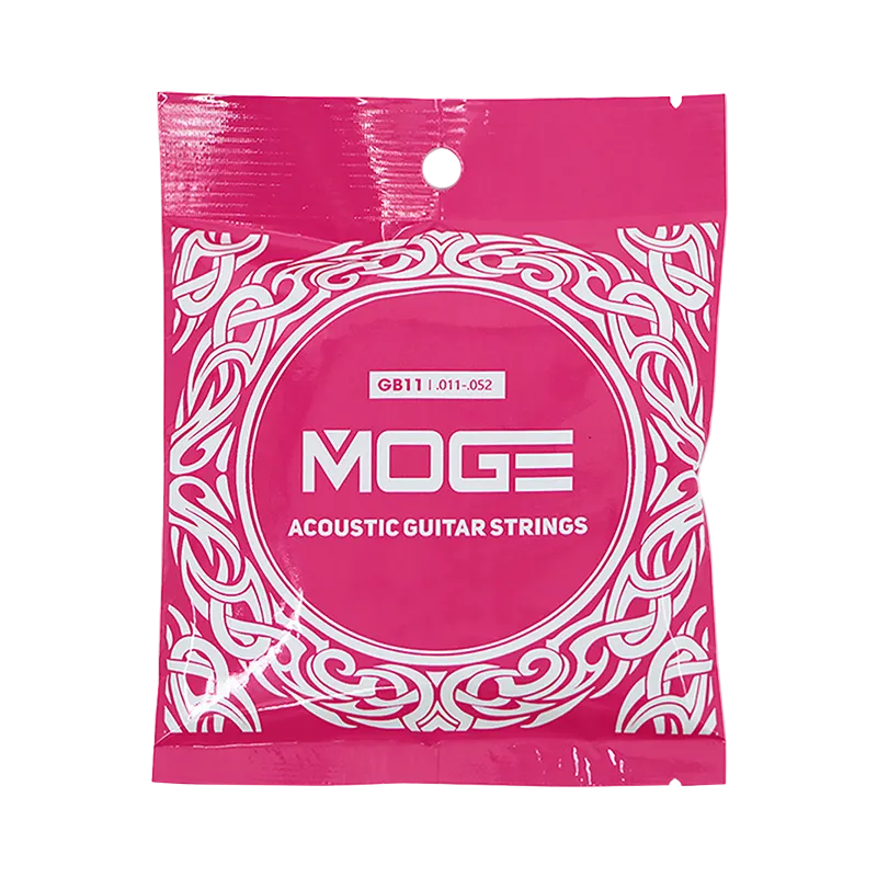 Pink package of MOGE acoustic guitar strings with white text and design.
