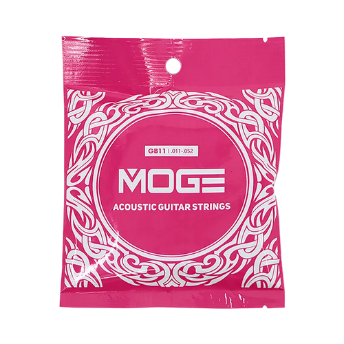 Pink package of MOGE acoustic guitar strings with white text and design.