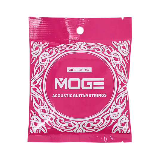 Pink package of MOGE acoustic guitar strings with white text and design.