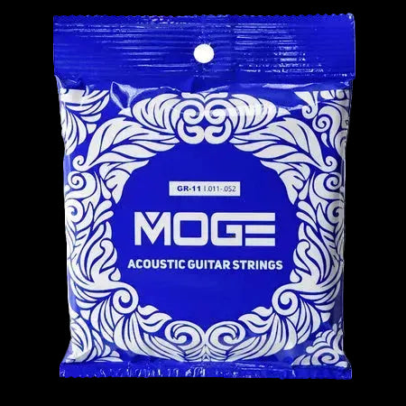 MOGE acoustic guitar strings in a blue and white patterned retail package, with the MOGE logo and model GR-11 011-052 visible on the front.