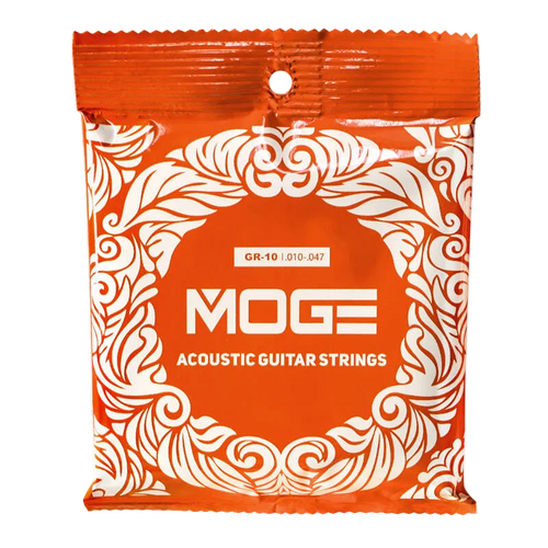MOGE GR10 Acoustic Guitar Strings in an orange packaging with white bright text