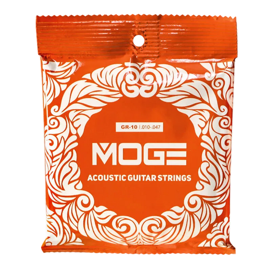 MOGE GR10 Acoustic Guitar Strings in an orange packaging with white bright text