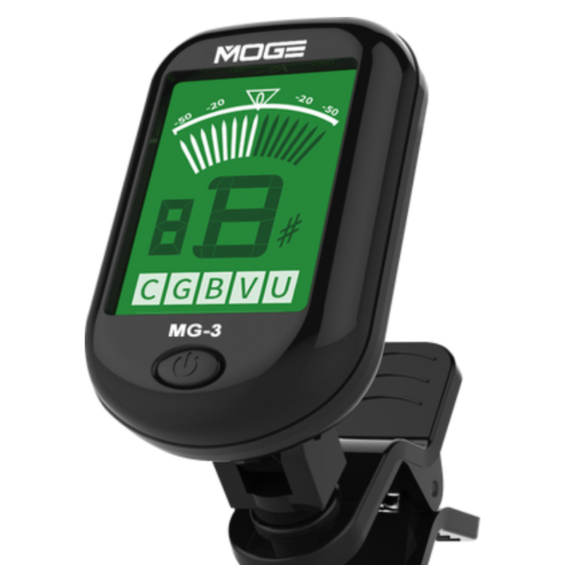 MOGE MG-3 digital clip-on guitar tuner with a black plastic body and a bright green LCD screen showing musical notes and scale indicators.