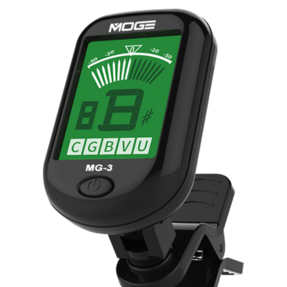 MOGE MG-3 digital clip-on guitar tuner with a black plastic body and a bright green LCD screen showing musical notes and scale indicators.