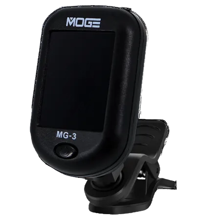 MOGE MG-3 electronic clip-on tuner, black with white branding text, shown on a solid white background.