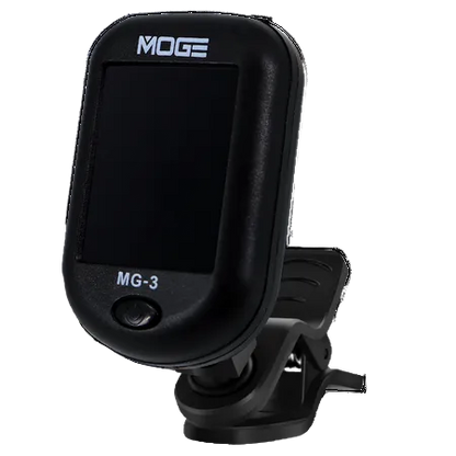 MOGE MG-3 electronic clip-on tuner, black with white branding text, shown on a solid white background.